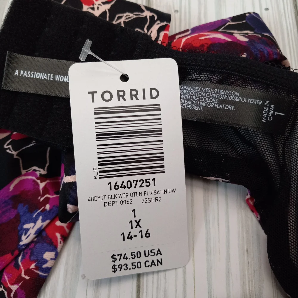 Torrid Satin Floral Ruffle Thong Bodysuit